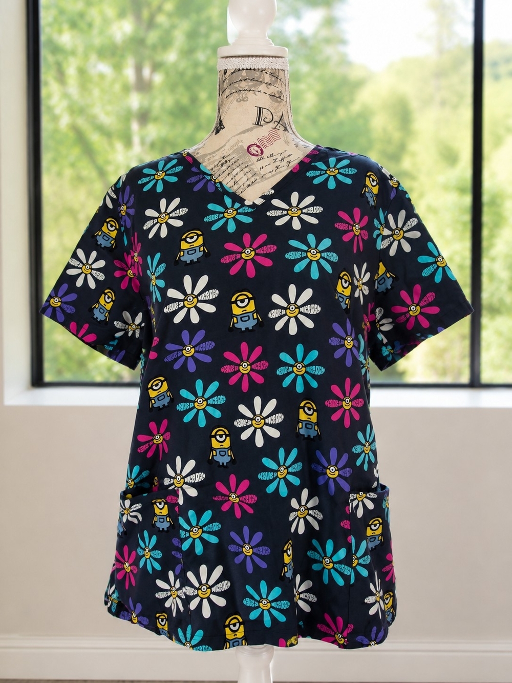 Minions Scrub Top LG | Cute Medical Uniform Top | Floral Print